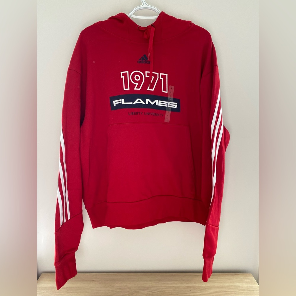 Mens ADIDAS Red LIBERTY UNIVERSITY FLAMES Screenprint 3 Stripe Hood Hoodie Large